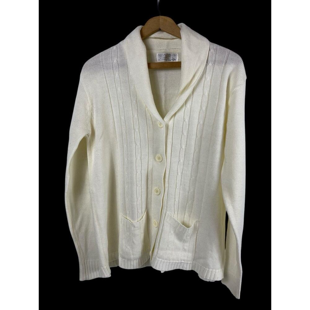 Vintage Shawl Collar Cardigan Sweater L Womens White Preppy Coastal Old Money